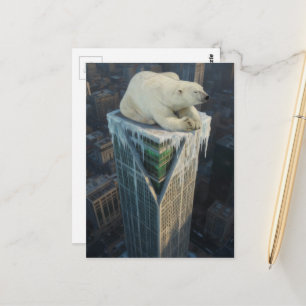 Cartão Postal Urso polar em arranha-céu derretendo gelo surreali
