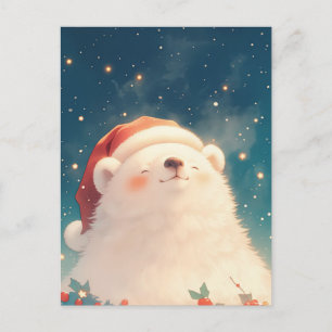 Cartão Postal Urso Polar Feliz com Chapéu Festivo de Papai Noel