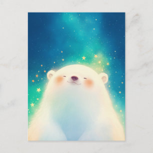 Cartão Postal Urso Polar Feliz no Céu Estrelado Turquesa