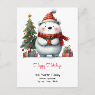 Cartão Postal Urso Polar Fofo com Árvore de Natal Felizes Festas