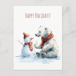 Cartão Postal Urso polar fofo constrói um boneco de neve, Natal 
