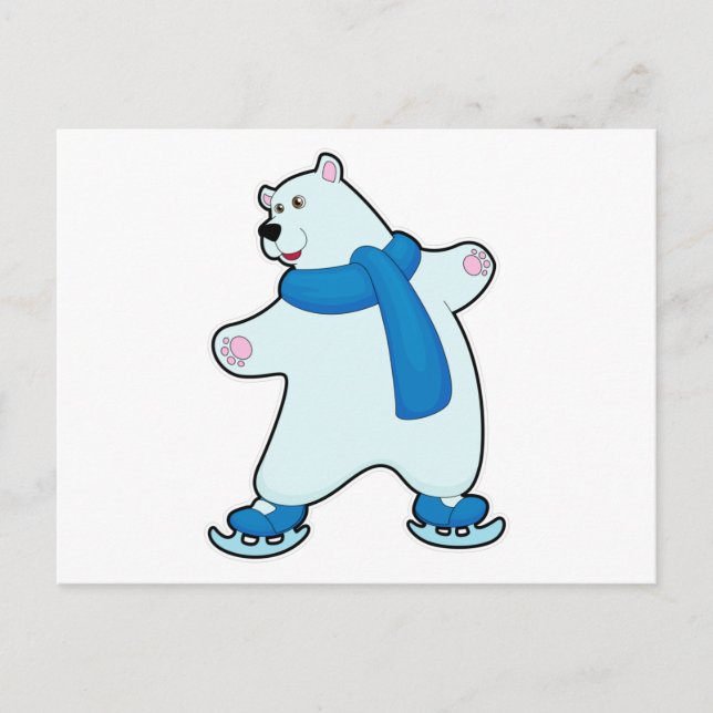 Cartão Postal Urso polar no Esqui no gelo com cachecol (Frente)