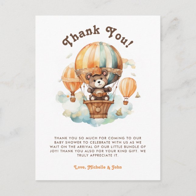 Cartão Postal Urso Russo Bonito com chá de fraldas de Balões (Frente)