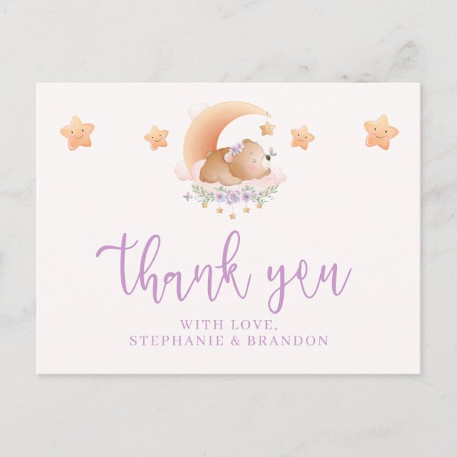 Cartão Postal Urso Sonolento na Nuvem Baby Shower Agradecimento (Frente)