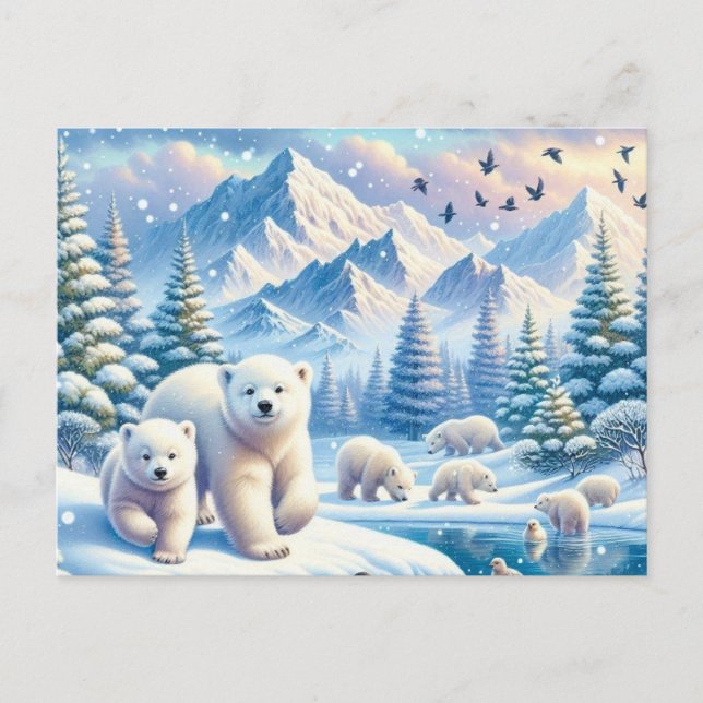 Cartão Postal Ursos Polares e Pintura da Cena de Inverno de Neve (Frente)
