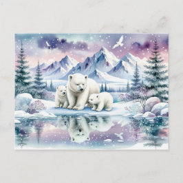 Cartão Postal Ursos Polares e Pintura da Cena de Inverno de Neve