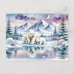 Cartão Postal Ursos Polares e Pintura da Cena de Inverno de Neve