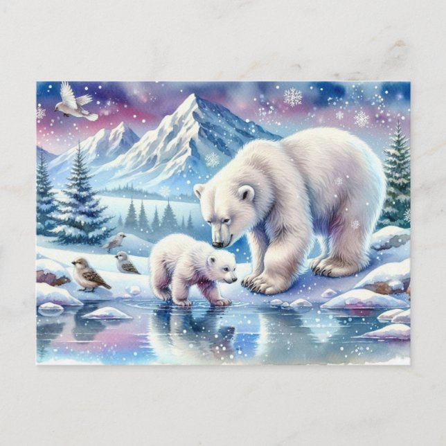 Cartão Postal Ursos Polares e Pintura de Cena de Inverno Nevado (Frente)
