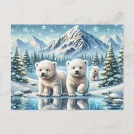 Cartão Postal Ursos Polares e Pintura de Cena de Inverno Nevado