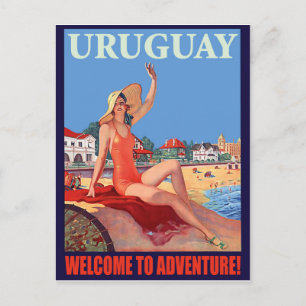 Cartão Postal Uruguai, garota na praia, viagens vintage