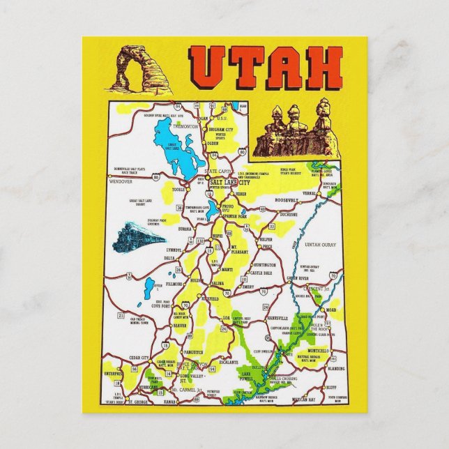 Cartão Postal Utah Map Postcard (Frente)