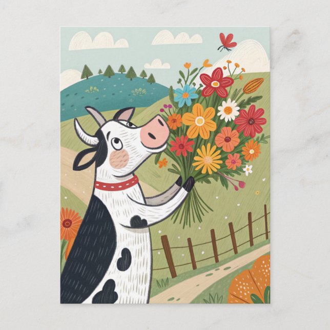 Cartão Postal Vaca com flores engraçada e fofa (Frente)