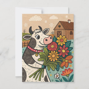 Cartão Postal Vaca com flores estilo de arte popular fofo