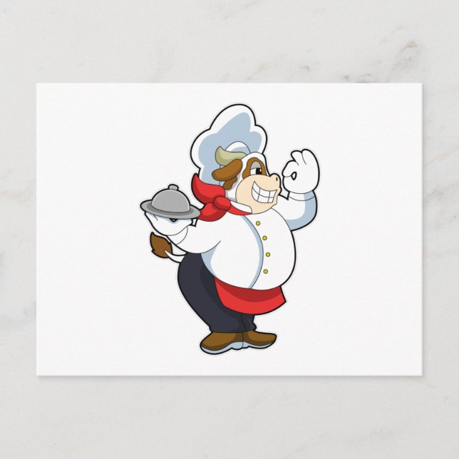 Cartão Postal Vaca como Garçom com prato de servir (Frente)