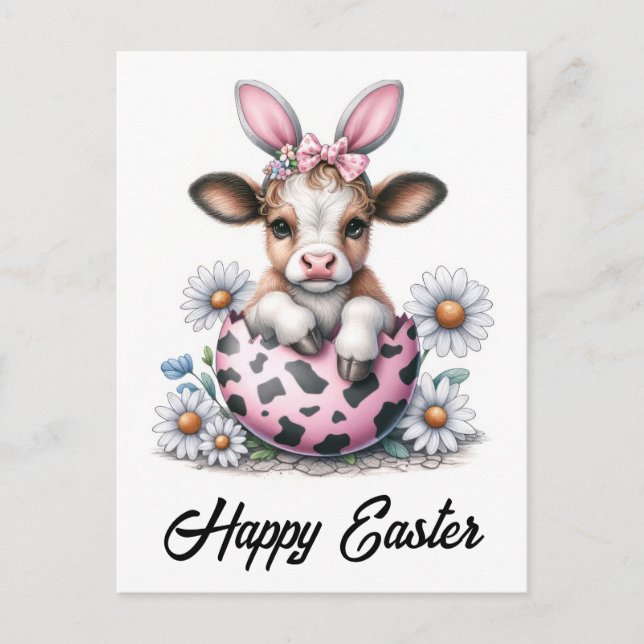 Cartão Postal Vaca Cor d'água Adorável Vaca Rosa De Ovo (Frente)