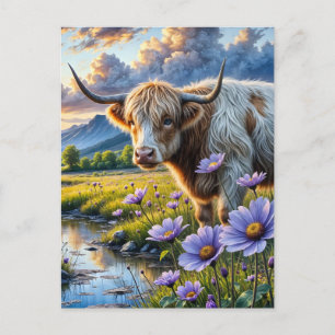 Cartão Postal Vaca cruzada de Highland/Longhorn em Paisagem Flor