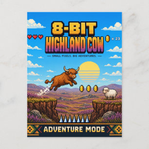 Cartão Postal Vaca das Terras Altas, Arte em Pixel 8-Bit Retro