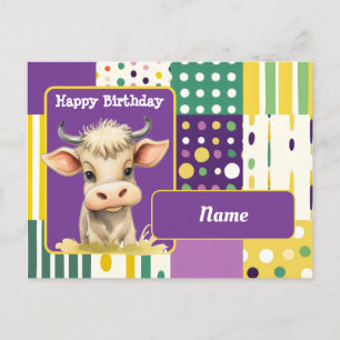 Cartão Postal Vaca e pontos e linhas retrô Feliz Aniversário