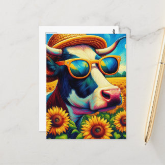 Cartão Postal Vaca em óculos de sol em campo de girassol