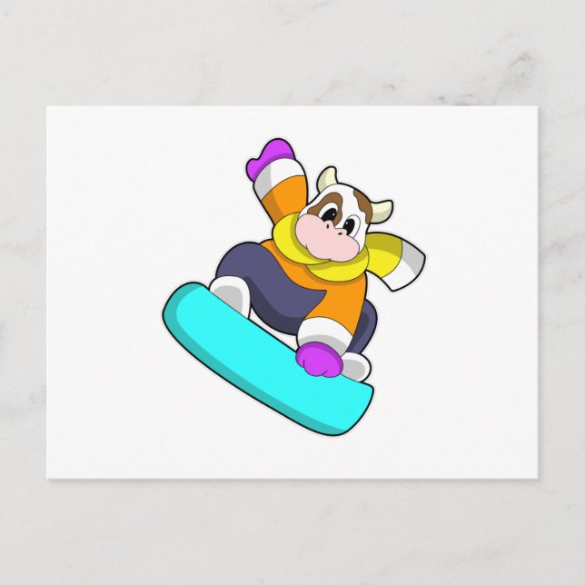 Cartão Postal Vaca fazendo snowboard com snowboard (Frente)
