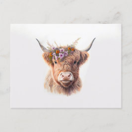 Cartão Postal Vaca Highland com Aquarela Floral Crown Illustra