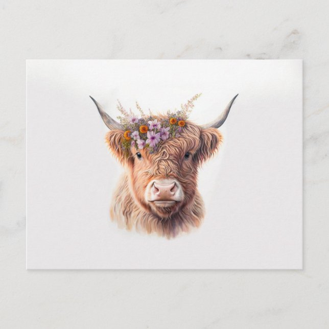 Cartão Postal Vaca Highland com Aquarela Floral Crown Illustra (Frente)