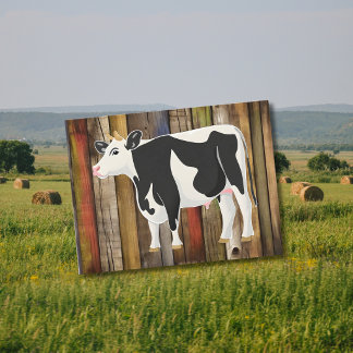Cartão Postal vaca Holstein com fundo de tábua antiga