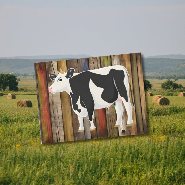 Cartão Postal vaca Holstein com fundo de tábua antiga (Criador carregado)