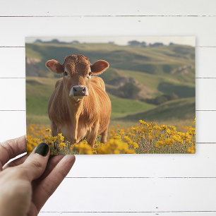 Cartão Postal Vaca Leiteira Fofa Amarela Flores Silvestres