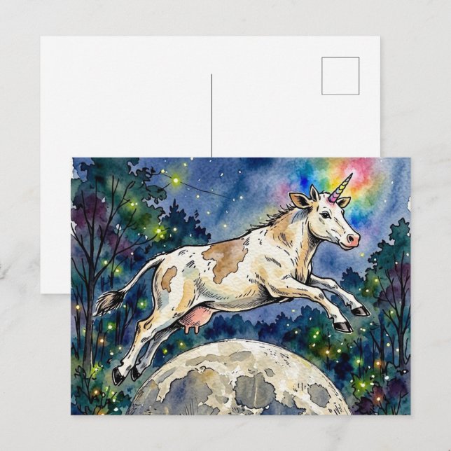 Cartão Postal Vaca Leiteira Unicórnio Pulando a Lua (Frente/Verso)