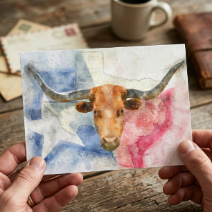Cartão Postal Vaca Longhorn com mapa do Texas e Flag Watercolor