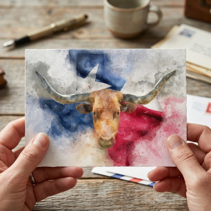 Cartão Postal Vaca Longhorn com Texas Flag Map Watercolor