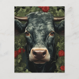 Cartão Postal Vaca nas Flores Vermelhas