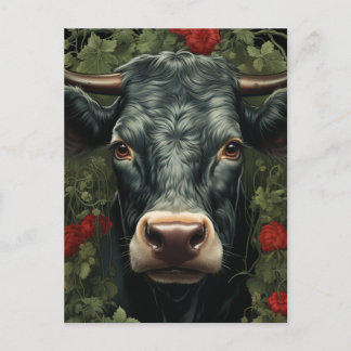 Cartão Postal Vaca nas Flores Vermelhas
