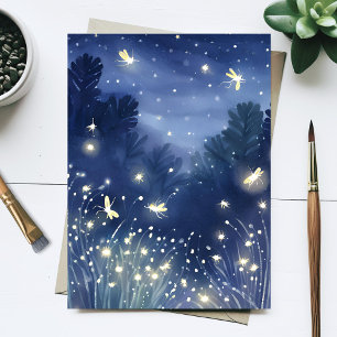Cartão Postal Vaga-lumes à Noite Vaga-lume Azul Aquarela