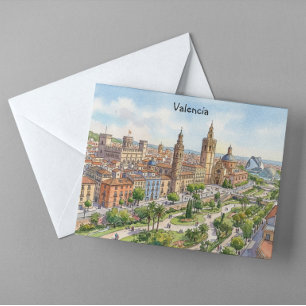 Cartão Postal Valência Espanha Aquarela Vista da Cidade Viagem R