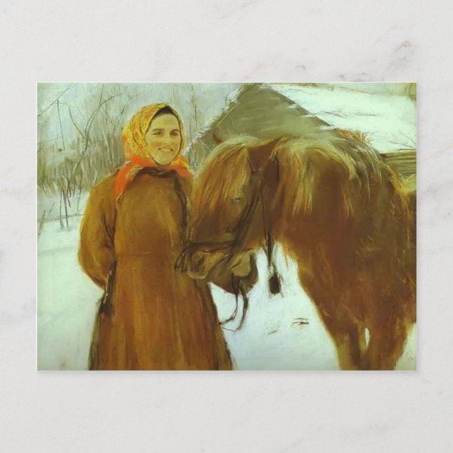 Cartão Postal Valentin Serov - Mulher Camponesa com Cavalo (Frente)