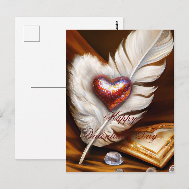 Cartão Postal Valentine rústico de pena e coração (Frente/Verso)