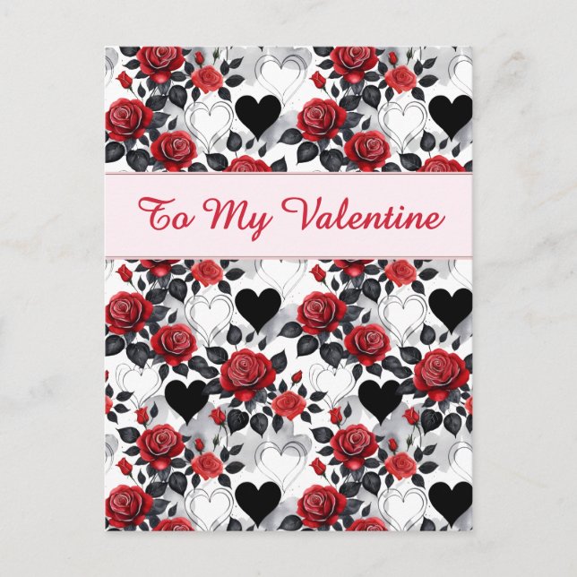 Cartão Postal Valentine's Day Patterned Roses and Hearts (Frente)
