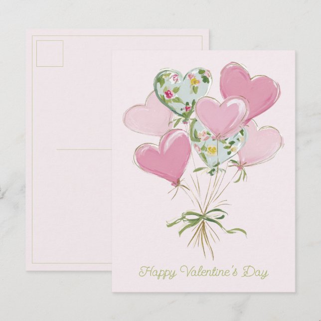 Cartão Postal Valentine's Heart Pink and Green Heart Balloons (Frente/Verso)