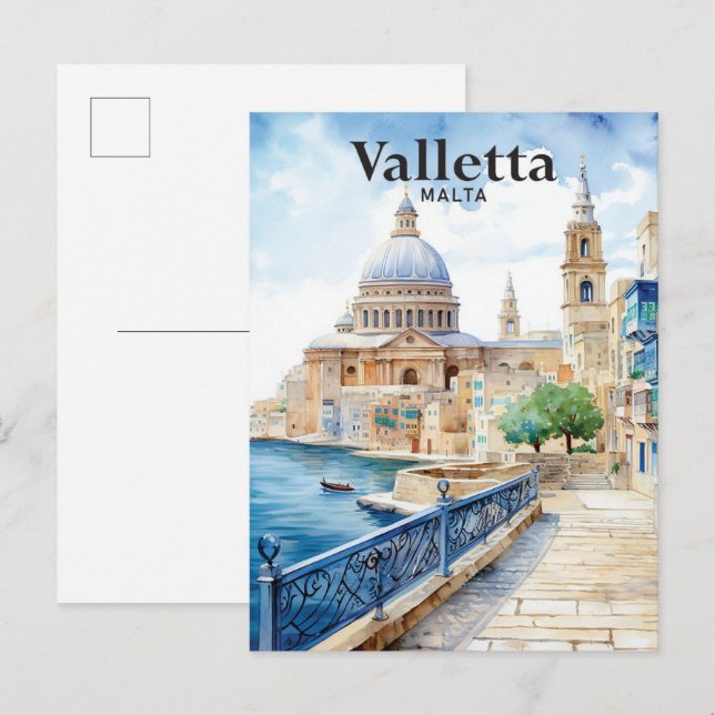Cartão Postal Valletta Malta Watercolor Painting Viagem (Frente/Verso)