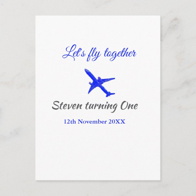 Cartão Postal Vamos voar juntos primeiro aniversário avião azul  (Frente)