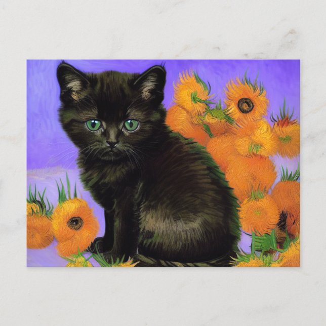 Cartão Postal Van Gogh Black Kitten com Girassóis (Frente)