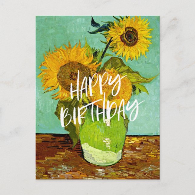 Cartão Postal Van Gogh - Girassóis, Três, Feliz Aniversário! (Frente)