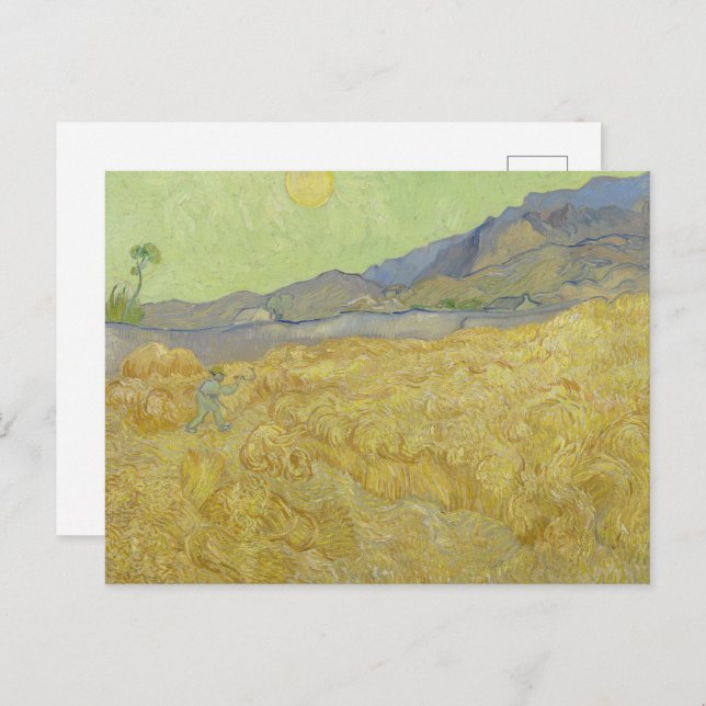 Cartão Postal van Gogh Wheat Stacks with Reaper Yellow & Green (Frente/Verso)
