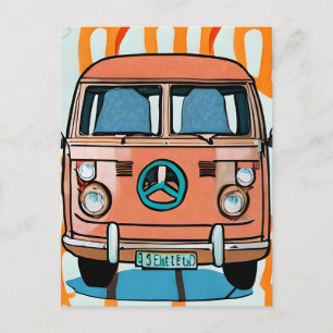 Cartão Postal Van Hippie Retro Azul e Bege Arte Vintage