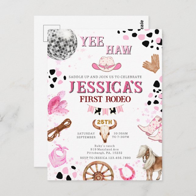 Cartão Postal Vaqueira do Disco Yee Haw Rodeio de Aniversário (Frente/Verso)