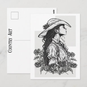 Cartão Postal Vaqueira Em Uma Brisa Country Western Arte Cowboy