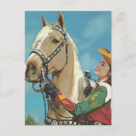 Cartão Postal Vaqueira Western Vintage e Cavalo Palomino