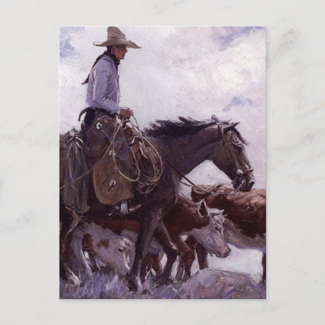 Cartão Postal Vaqueiro Antigo com seu Rebanho de Gado por Koerne (Frente)